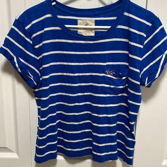 Hollister Tops - Women’s Hollister Blue & White Striped T-Shirt Size Large